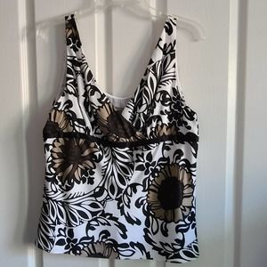 ANN‎ TAYLOR LOFT Floral Print Faux Wrap Tank Brown Black White Women's Size 14P